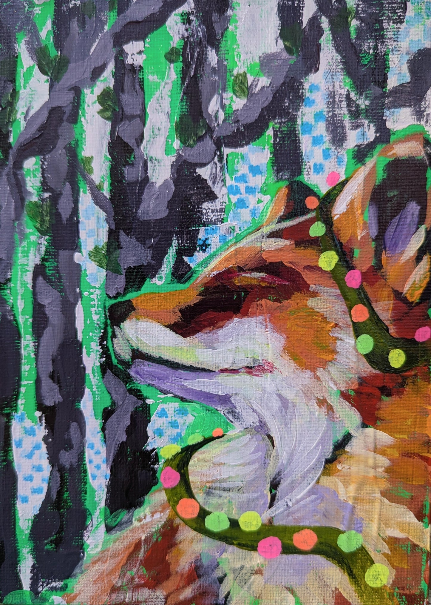 painting of an orange fox with vibrant Christmas lights draped around it in the forest on an abstract teal and white background