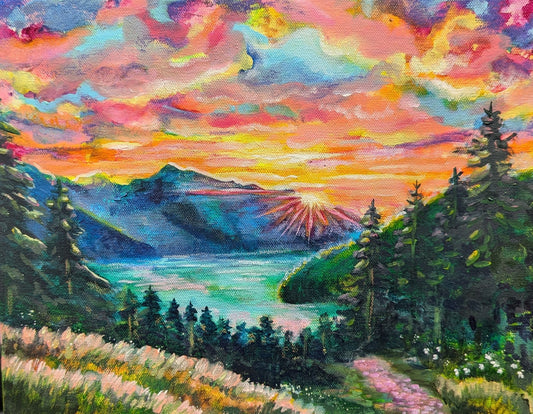 Colorful landscape painting of a sunset over a lake with mountains and trees.