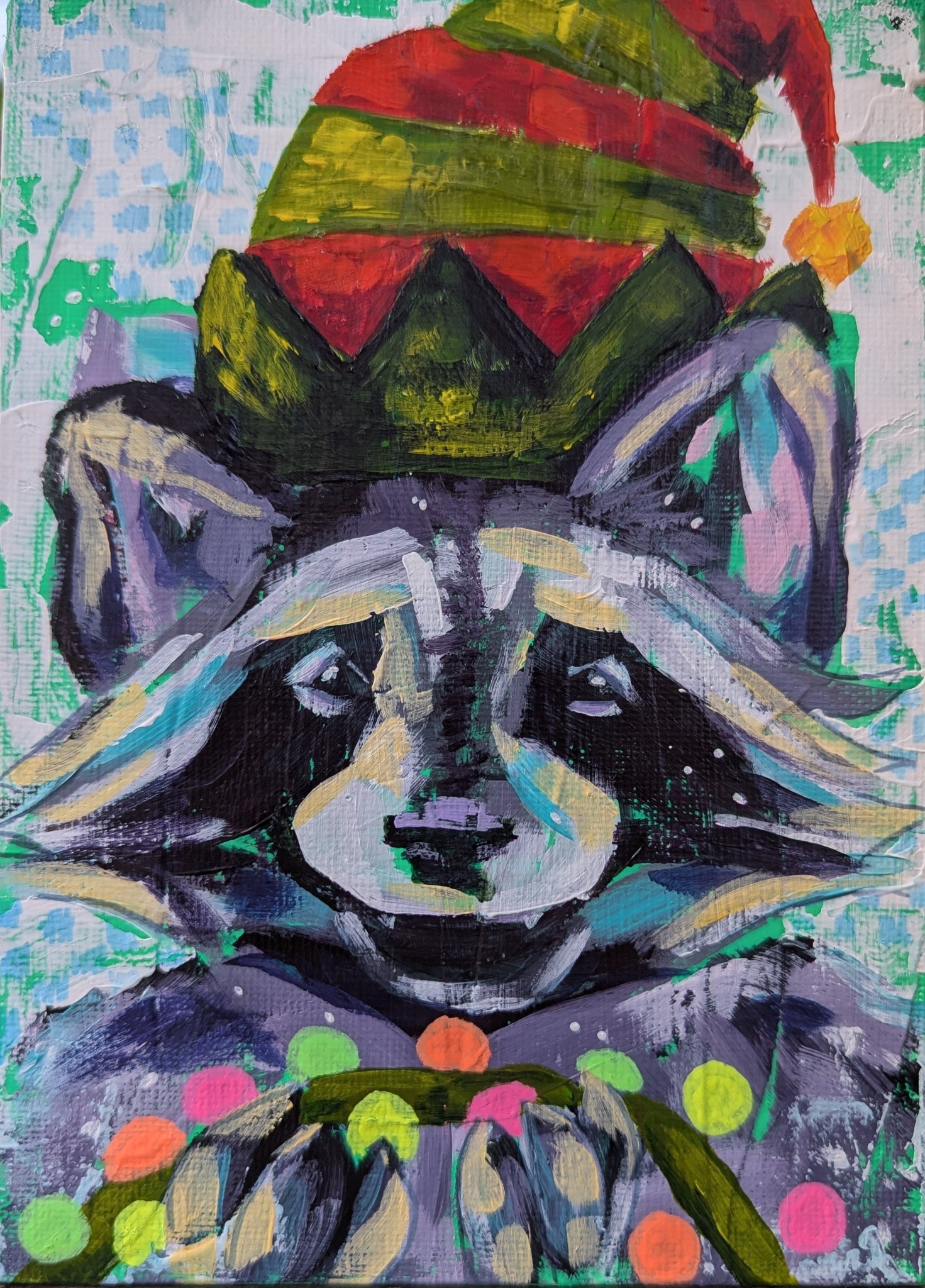 painting of an eager raccoon wearing an elf hat, smiling while holding up a string of Christmas lights. 